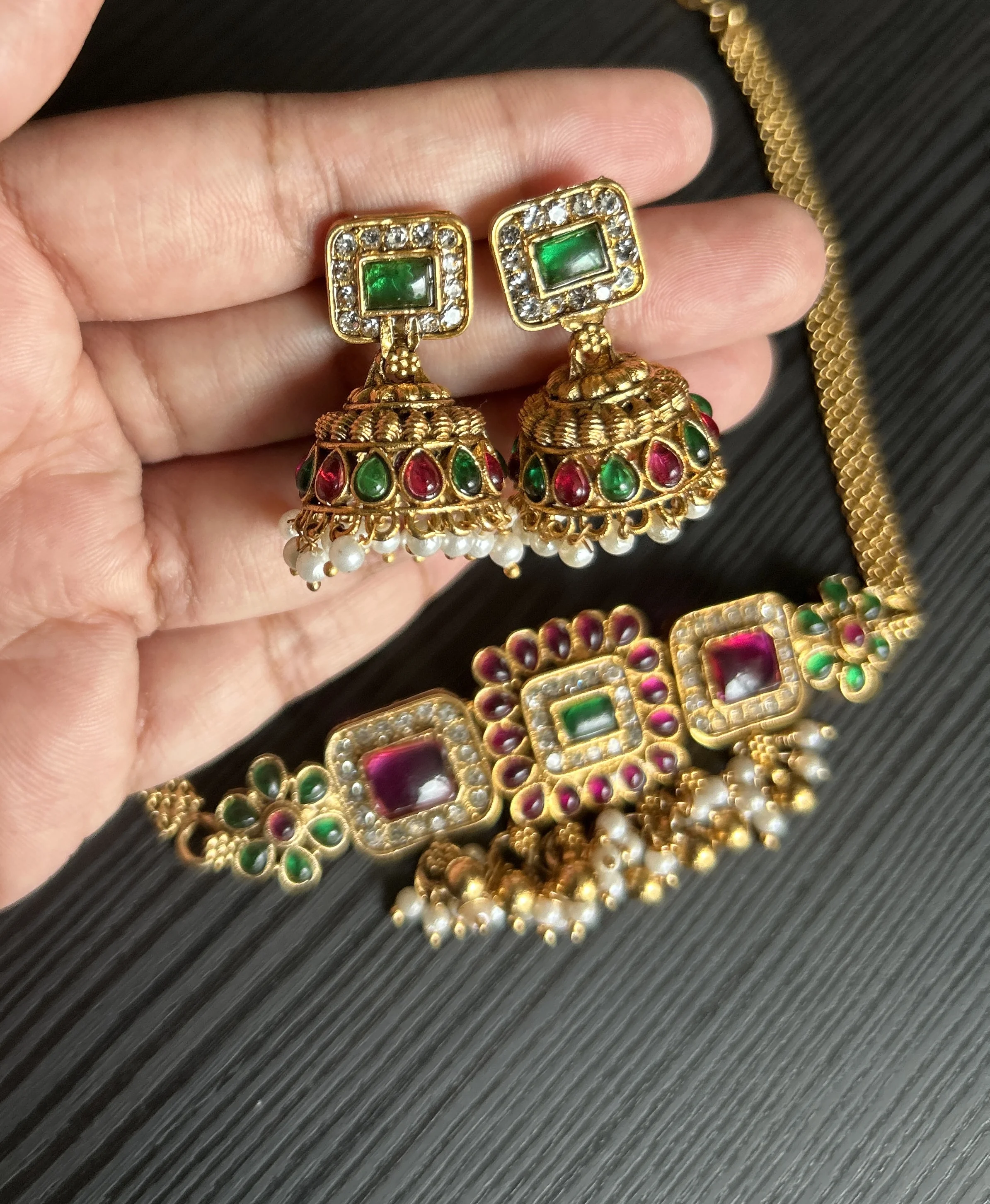 Ruby & Emerald Choker with Jhumkas