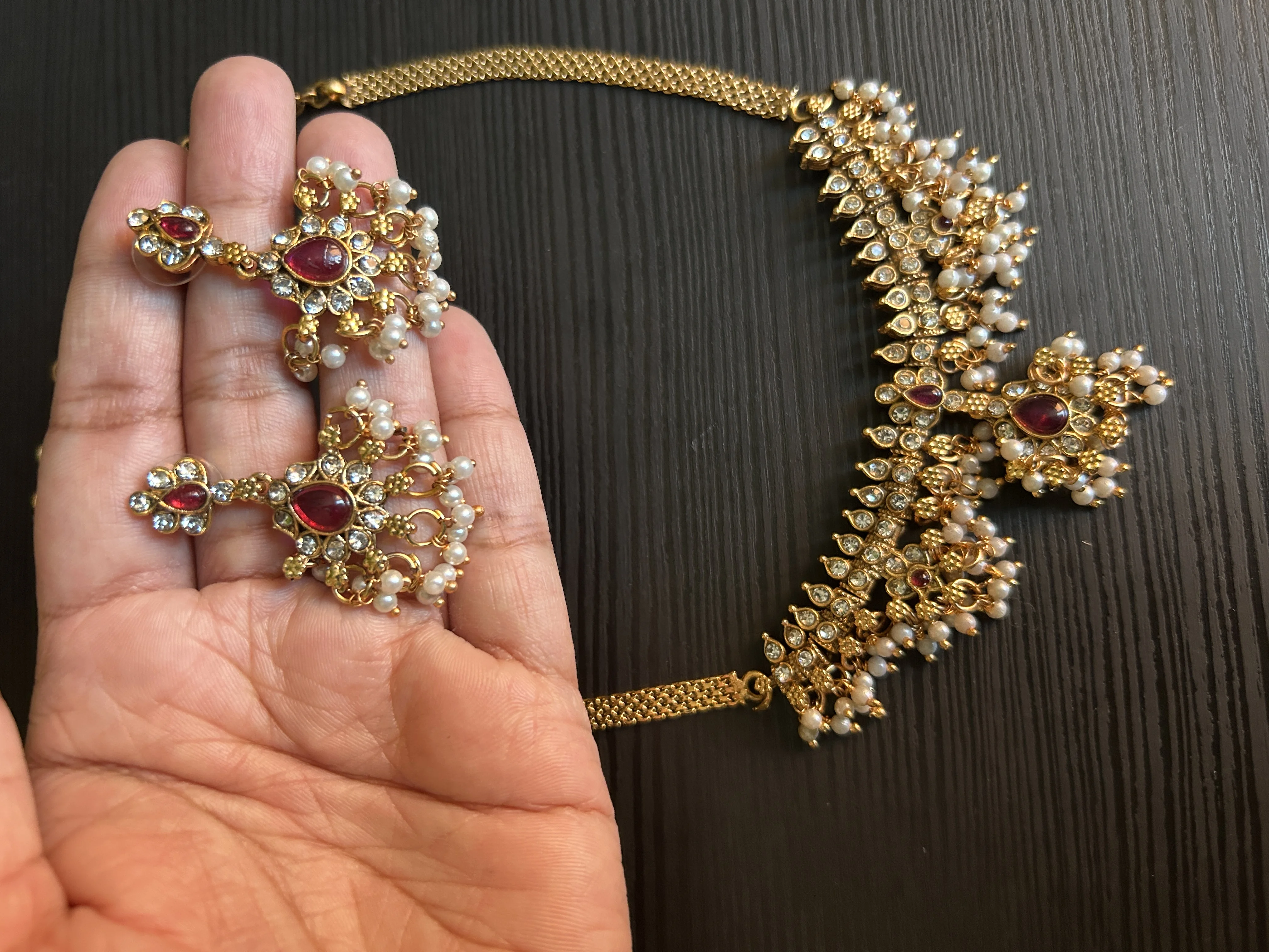 Ruby & White Stone Pearl Drop Necklace Set