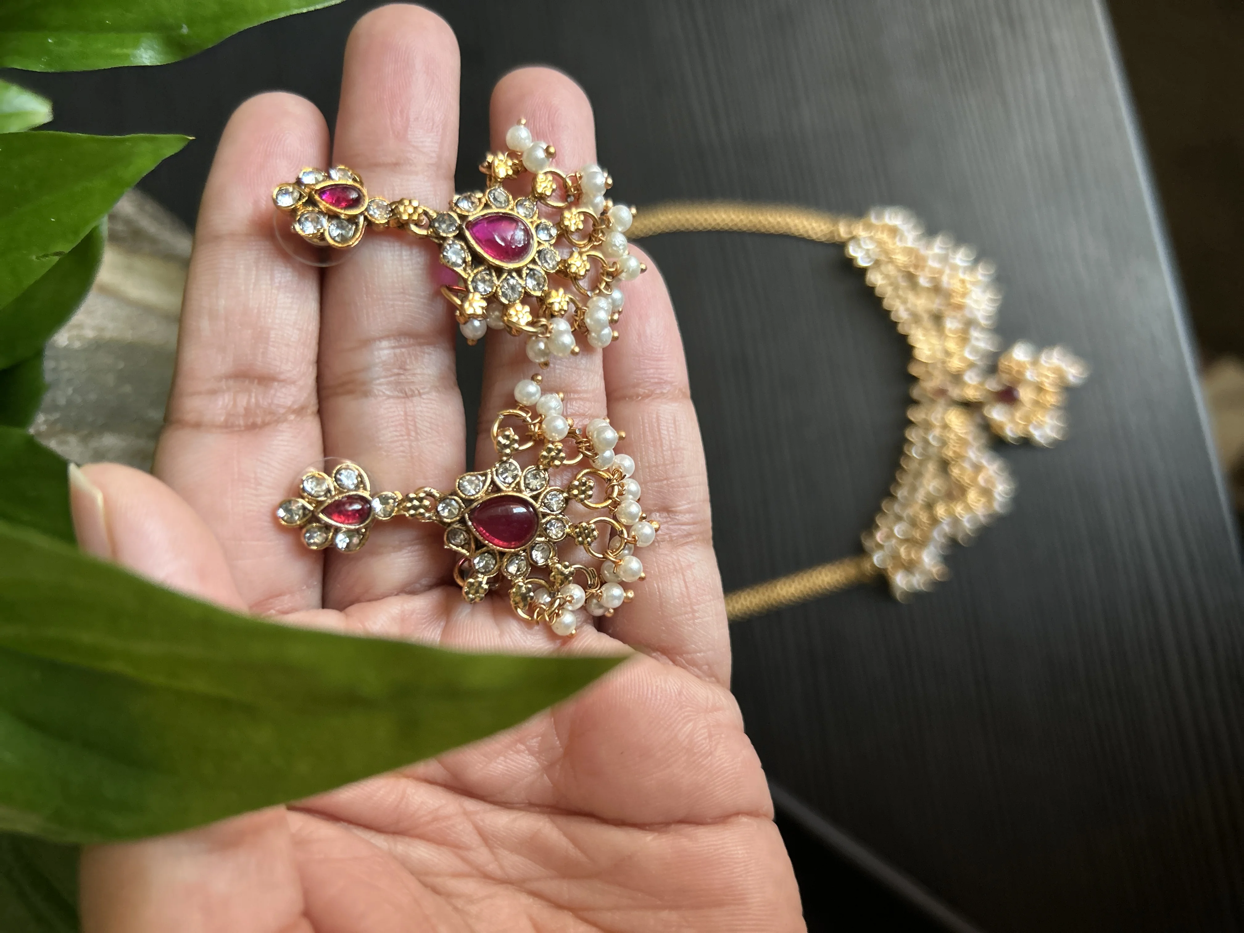 Ruby & White Stone Pearl Drop Necklace Set - Image 3