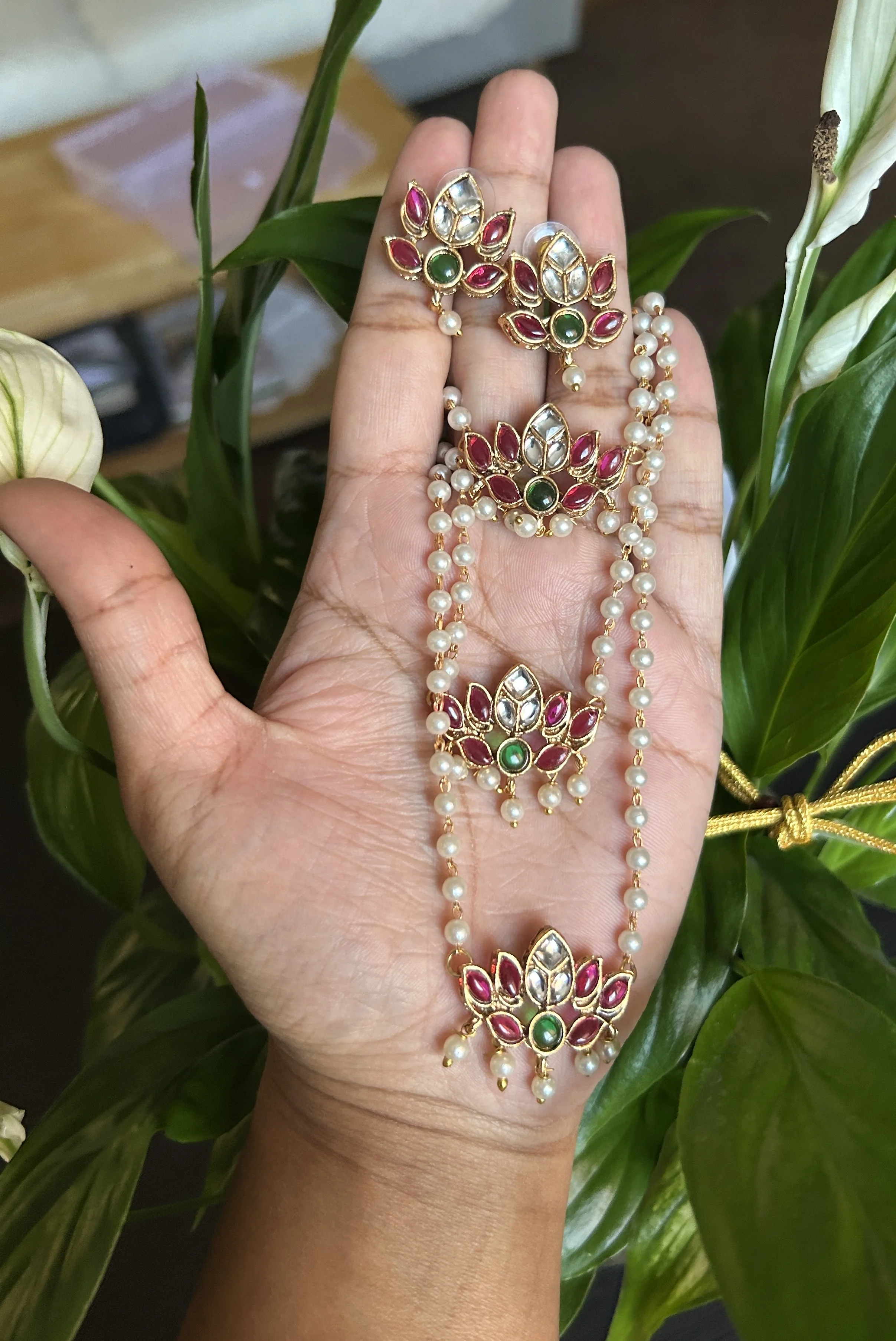 Ruby & Emerald Petal Pearl Chain and Earring