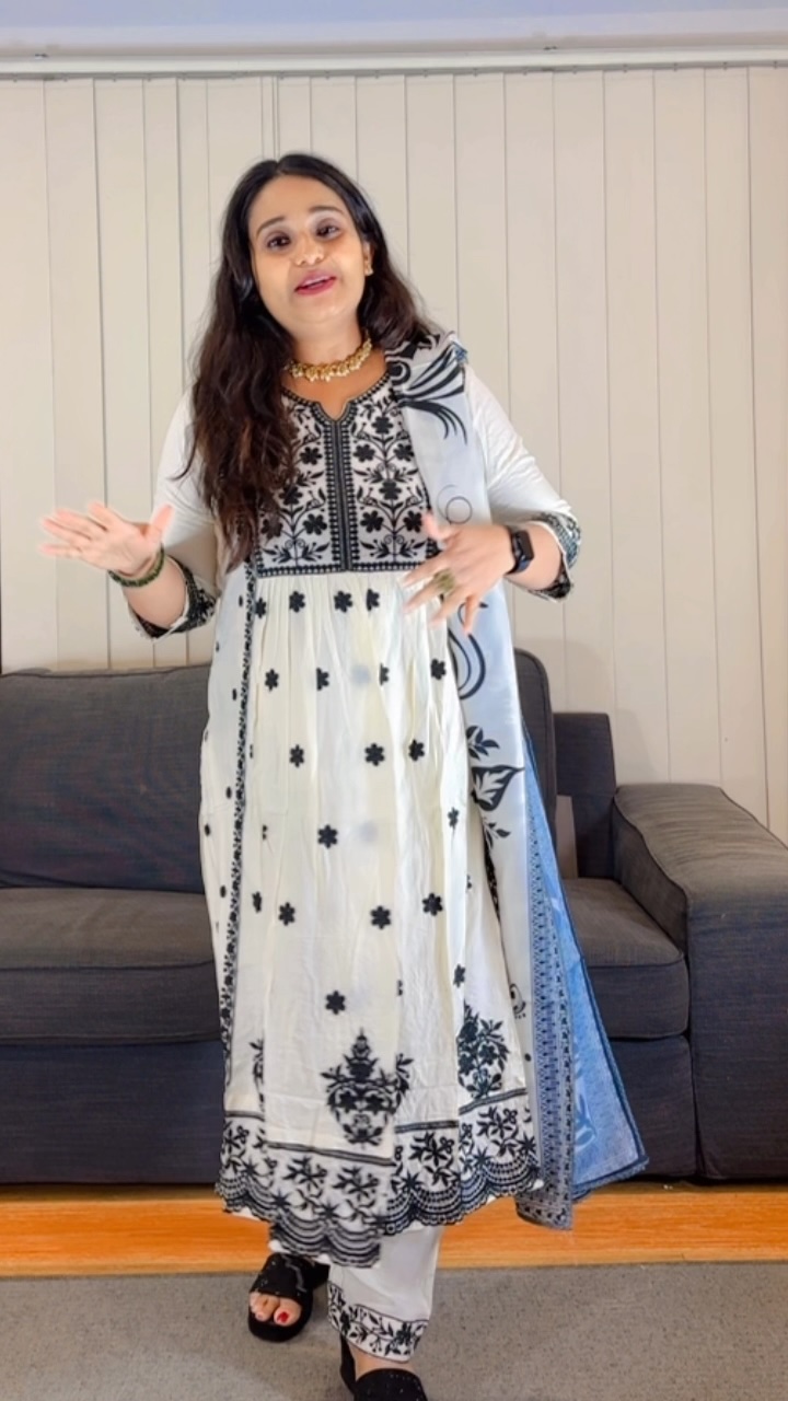 White Anarkali Salwar Suit with Black Embroidery and Printed Dupatta