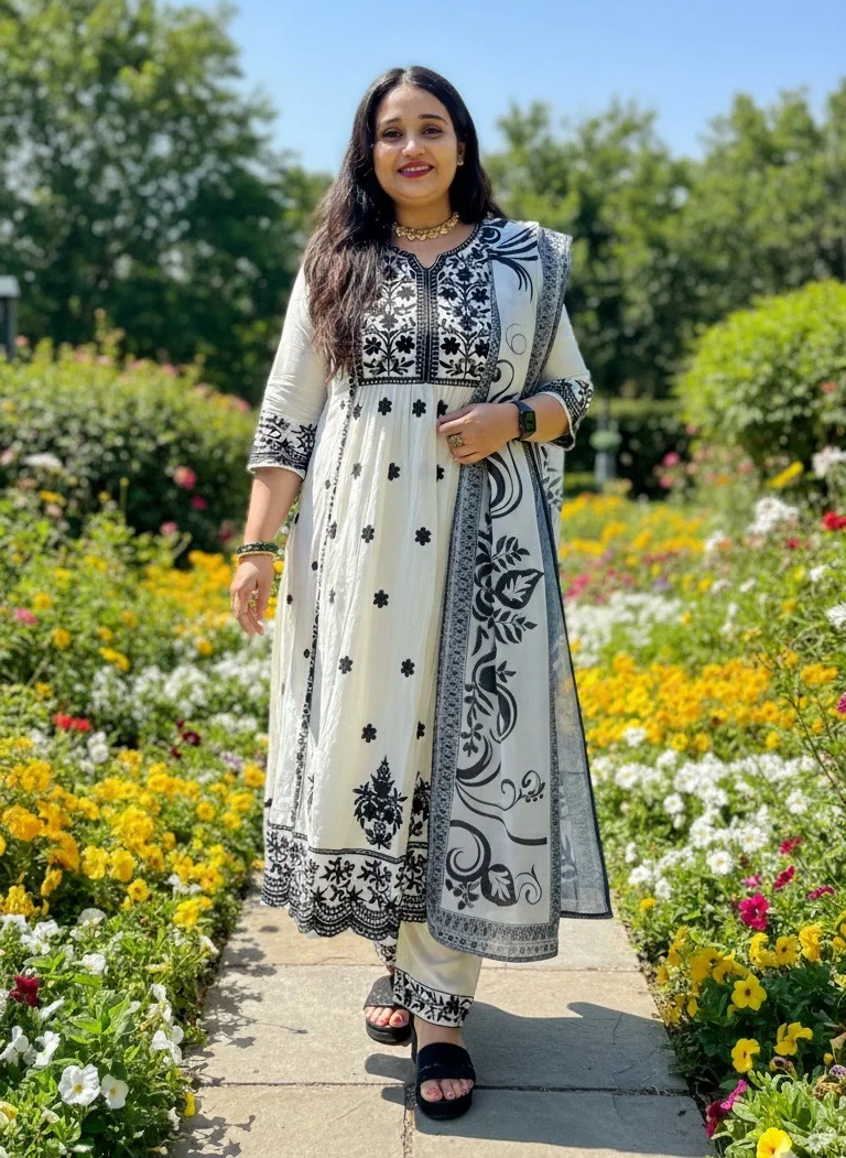 White Anarkali Salwar Suit with Black Embroidery and Printed Dupatta