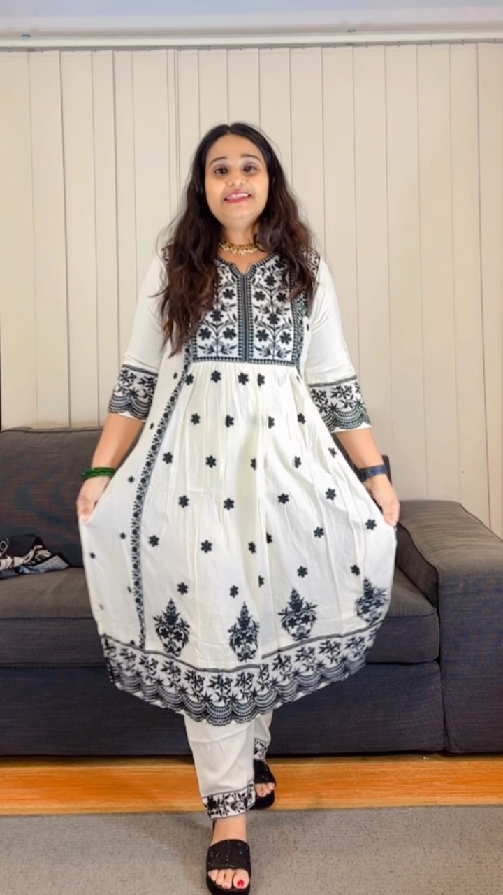 White Anarkali Salwar Suit with Black Embroidery and Printed Dupatta - Image 3