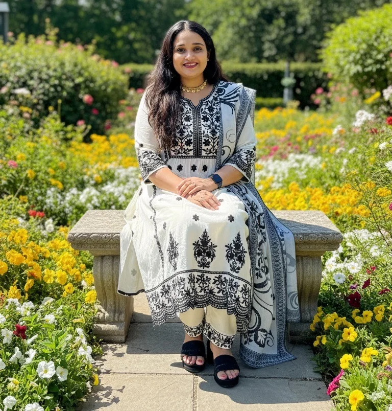 White Anarkali Salwar Suit with Black Embroidery and Printed Dupatta - Image 2