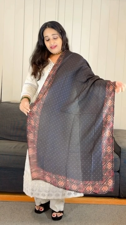 White Chikankari Salwar with Black and Red Printed Dupatta - Image 2