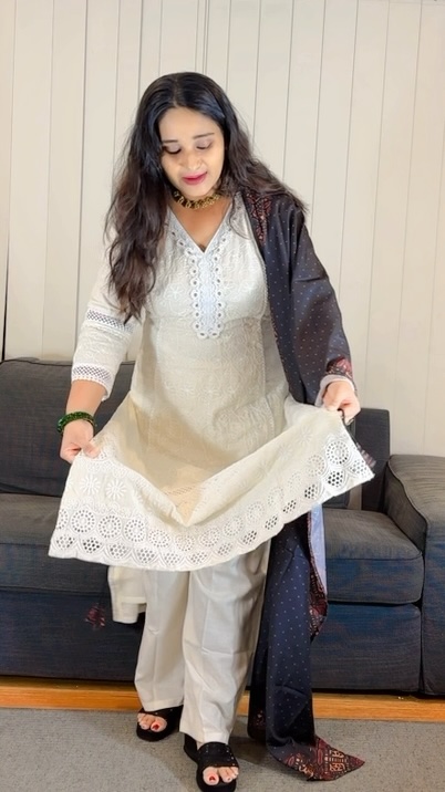 White Chikankari Salwar with Black and Red Printed Dupatta - Image 3