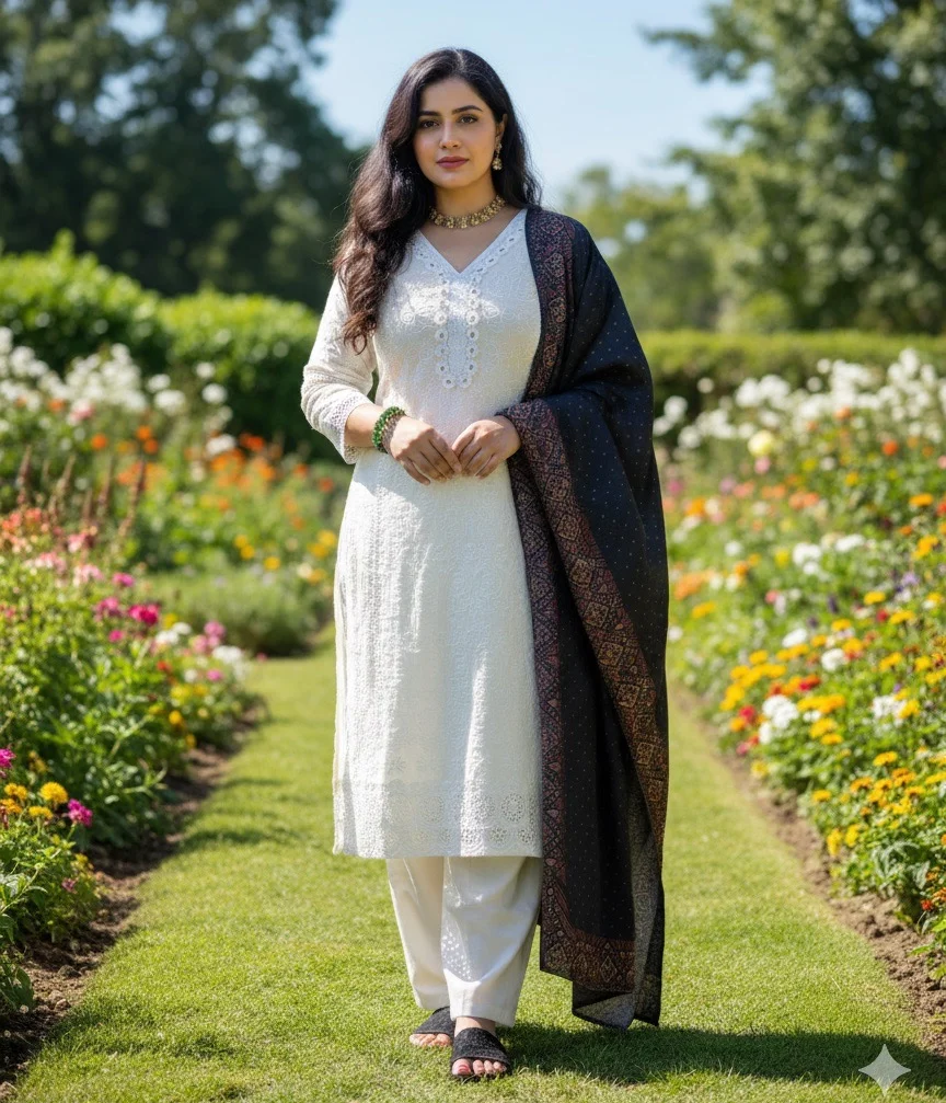 White Chikankari Salwar with Black and Red Printed Dupatta
