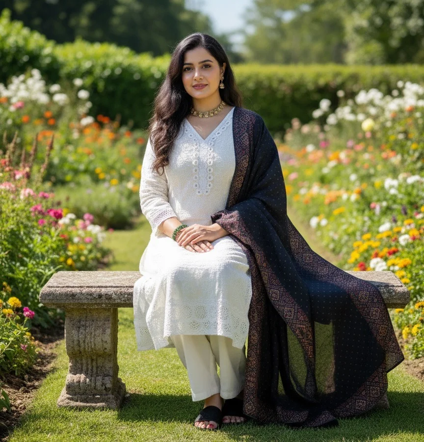 White Chikankari Salwar with Black and Red Printed Dupatta - Image 2