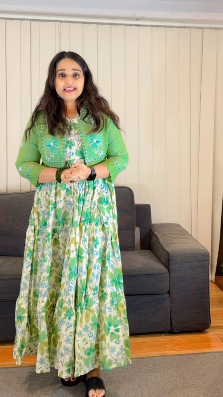 Green Floral Printed Maxi Dress with Matching Jacket
