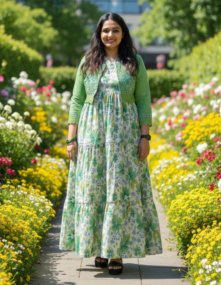 Green Floral Printed Maxi Dress with Matching Jacket