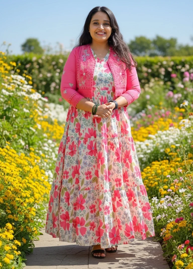Pink Floral Printed Maxi Dress with Matching Jacket