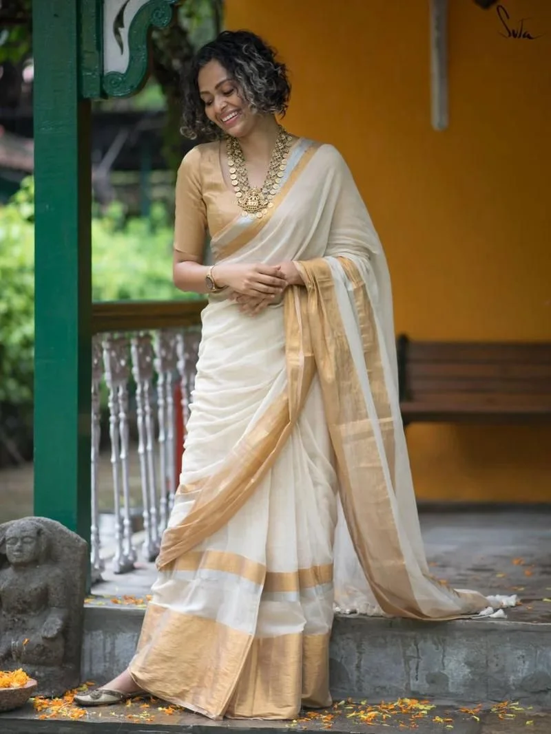 Cream and Gold Kerala Kasavu Sare