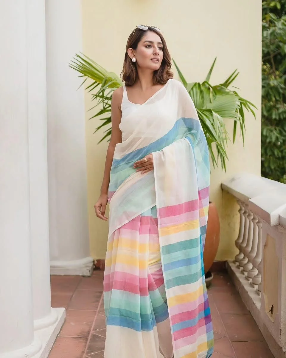 White Saree with Multicolored Stripes