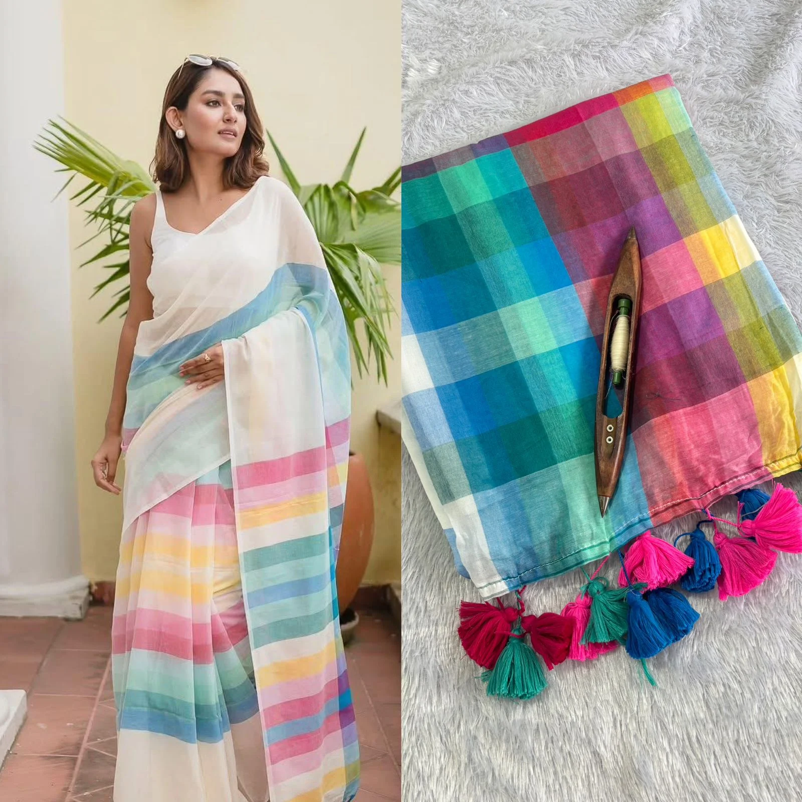 White Saree with Multicolored Stripes - Image 2