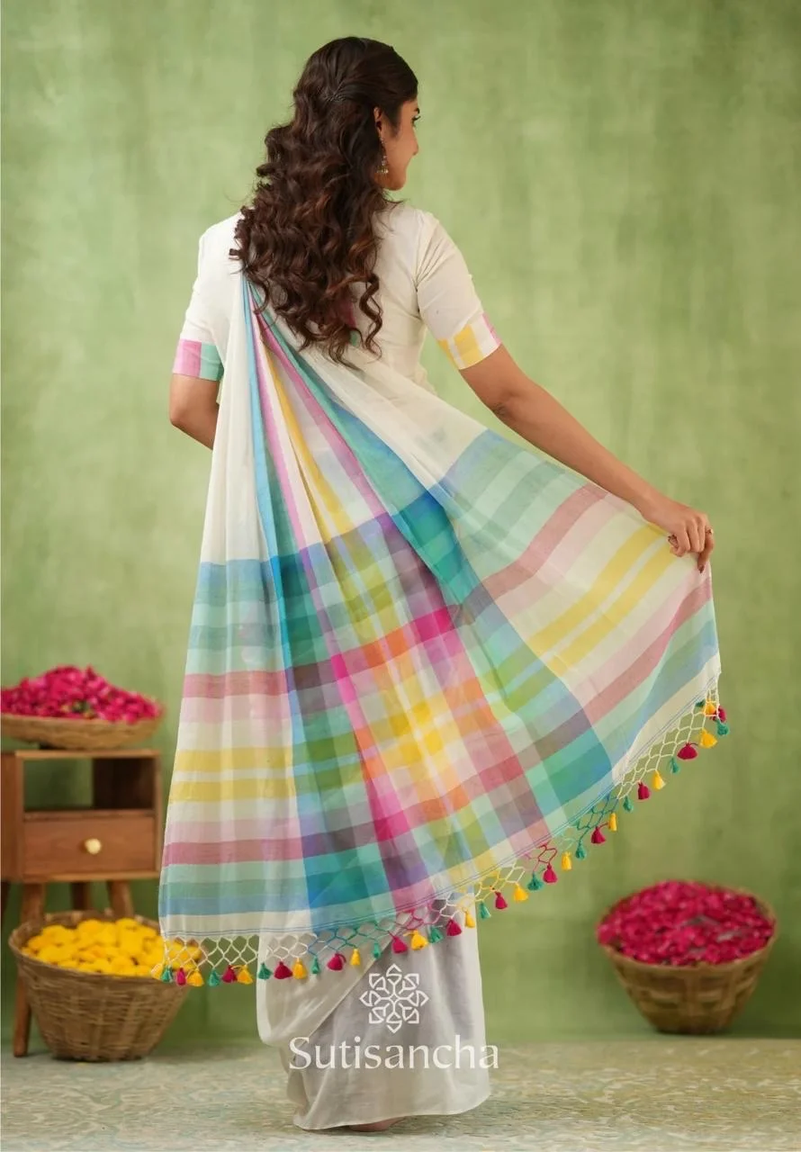 White Saree with Multicolored Stripes - Image 2