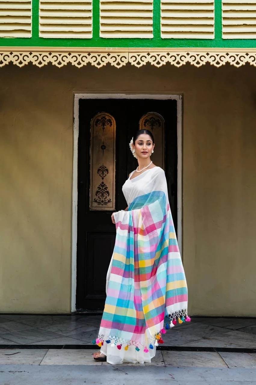 White Saree with Multicolored Stripes - Image 3