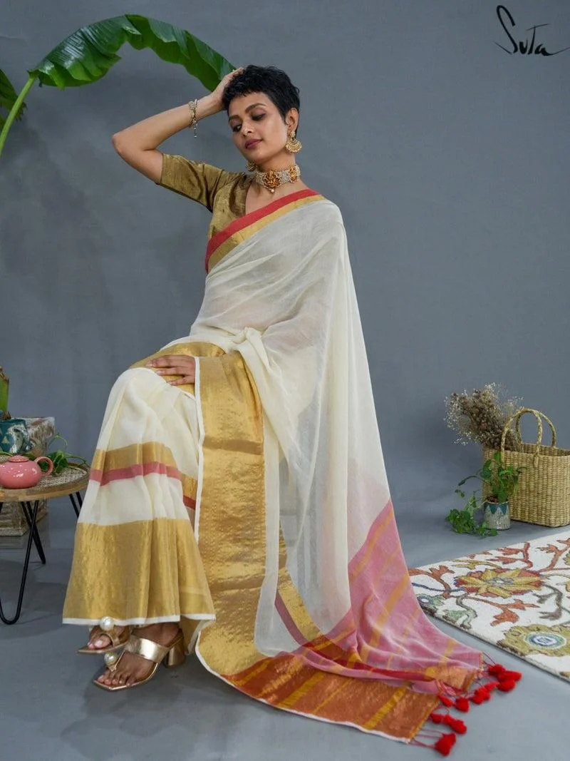  White and Gold Kasavu Saree with Red and Pink Stripes