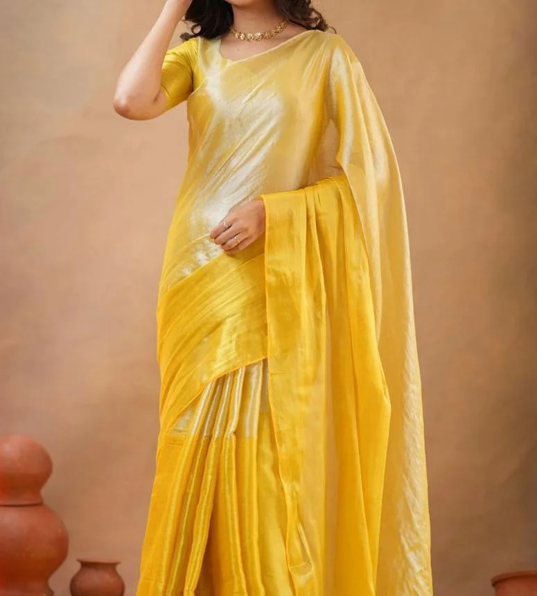  Yellow Silk Blend Saree with Pleated Details