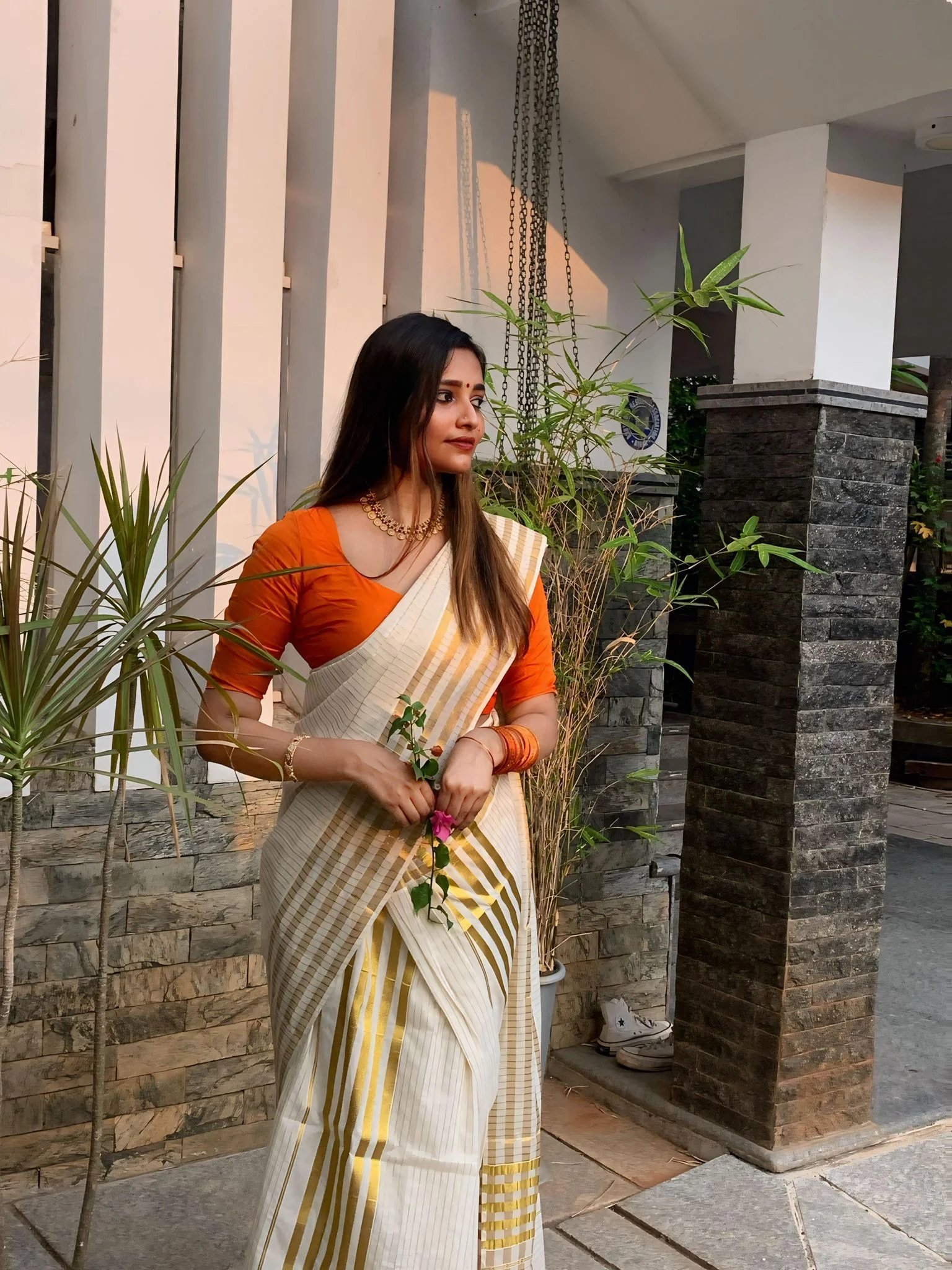  White and Gold Striped Kasavu mundu [two pieces]