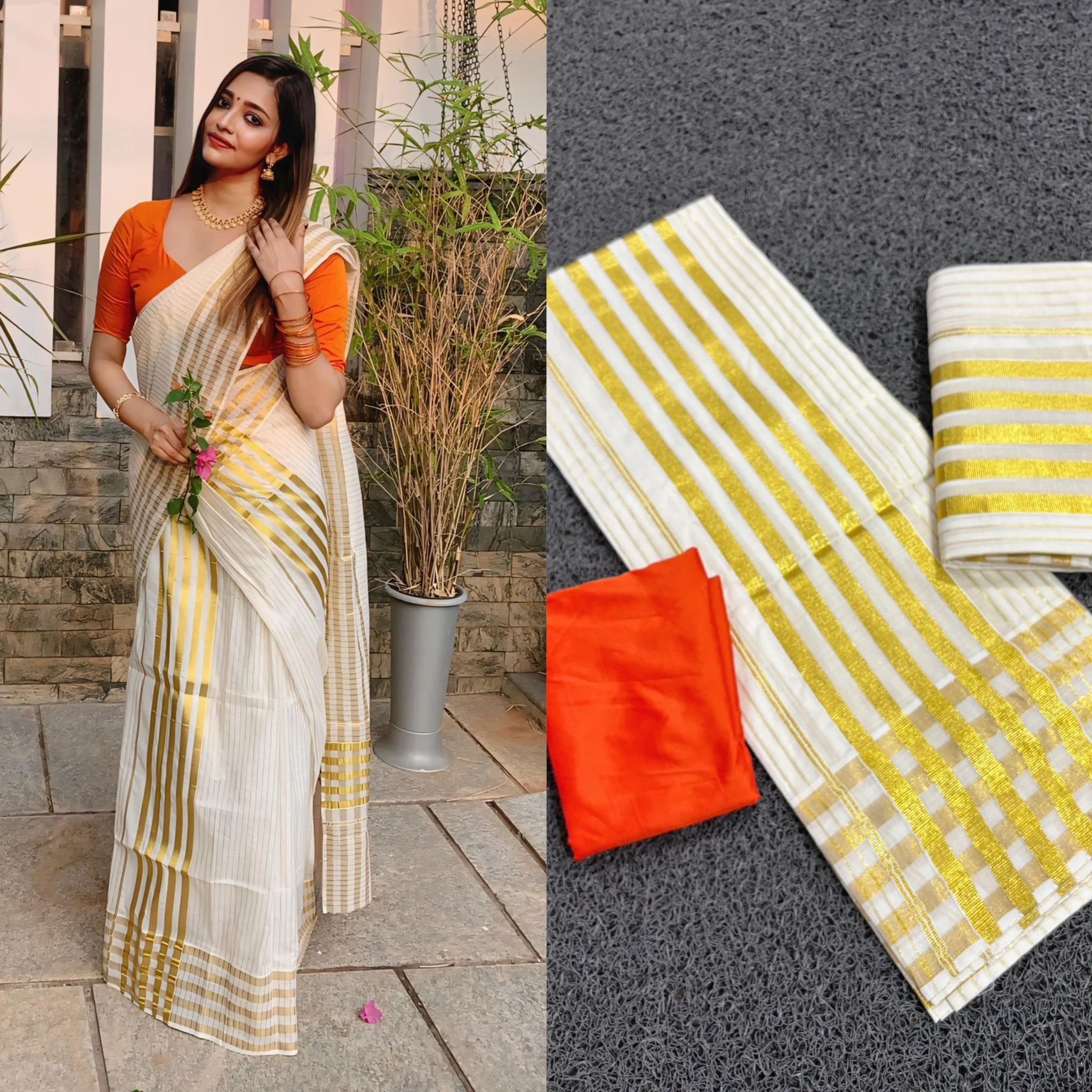 White and Gold Striped Kasavu mundu [two pieces] - Image 3