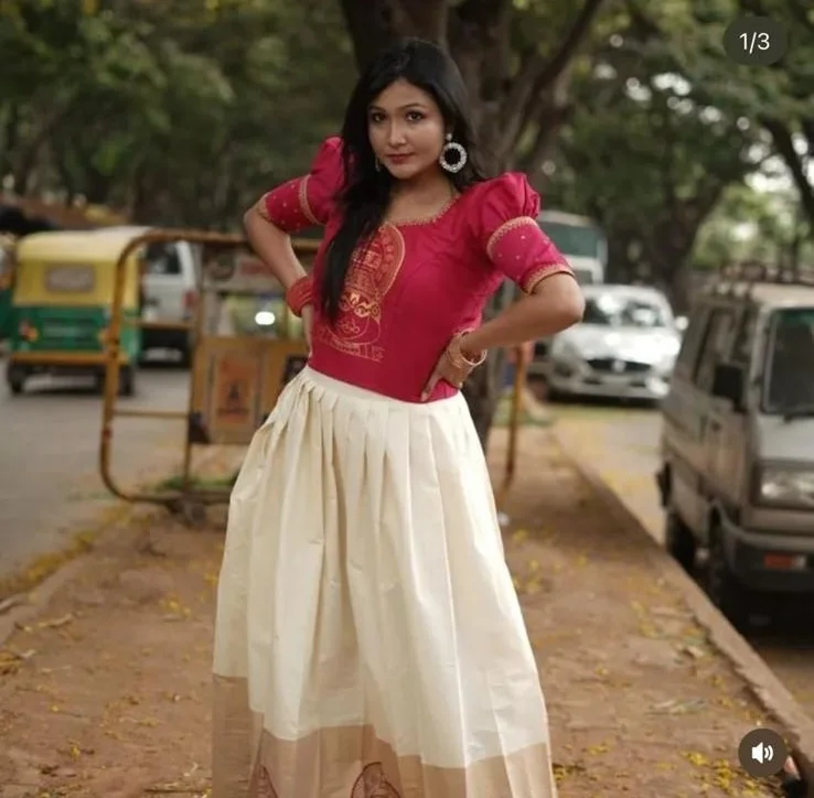  Pink Blouse with Gold Print and White and Gold Skirt