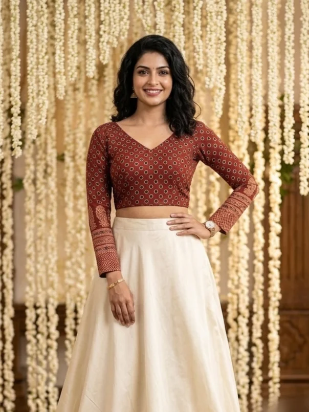 maroon ajrak printed blouse