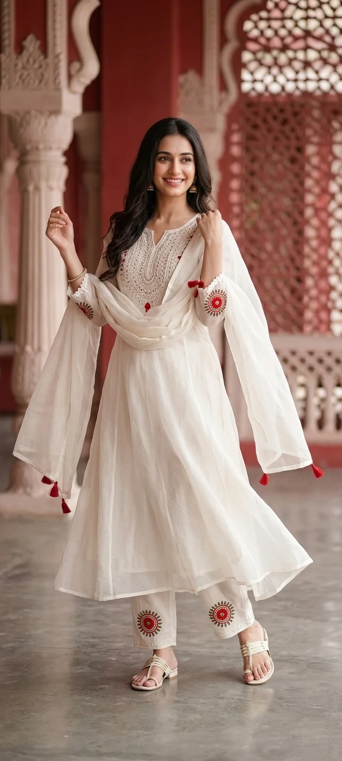 White Anarkali Salwar Suit with Mirror Work Yoke and Red Tassels