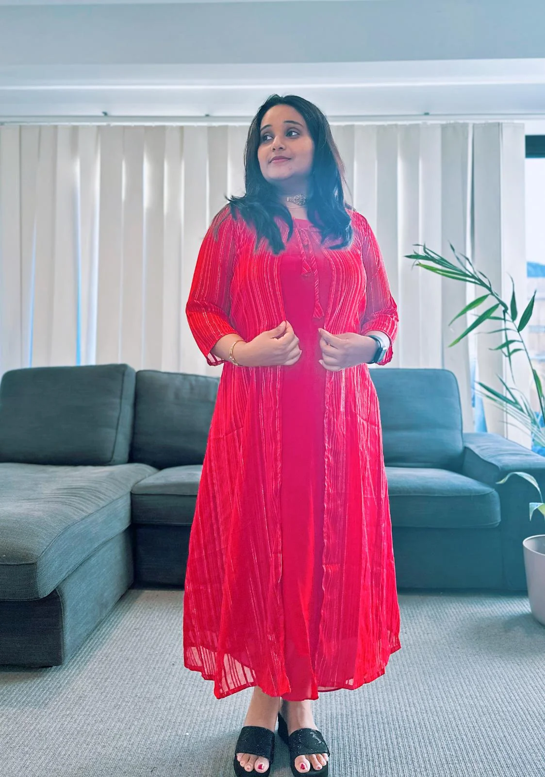 Red Maxi Dress with Striped Shrug
