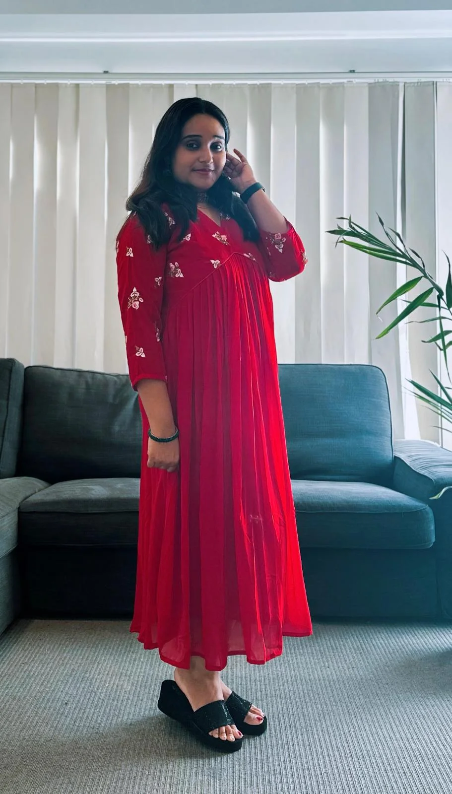Red Empire Waist Maxi Dress with Gold Embroidery