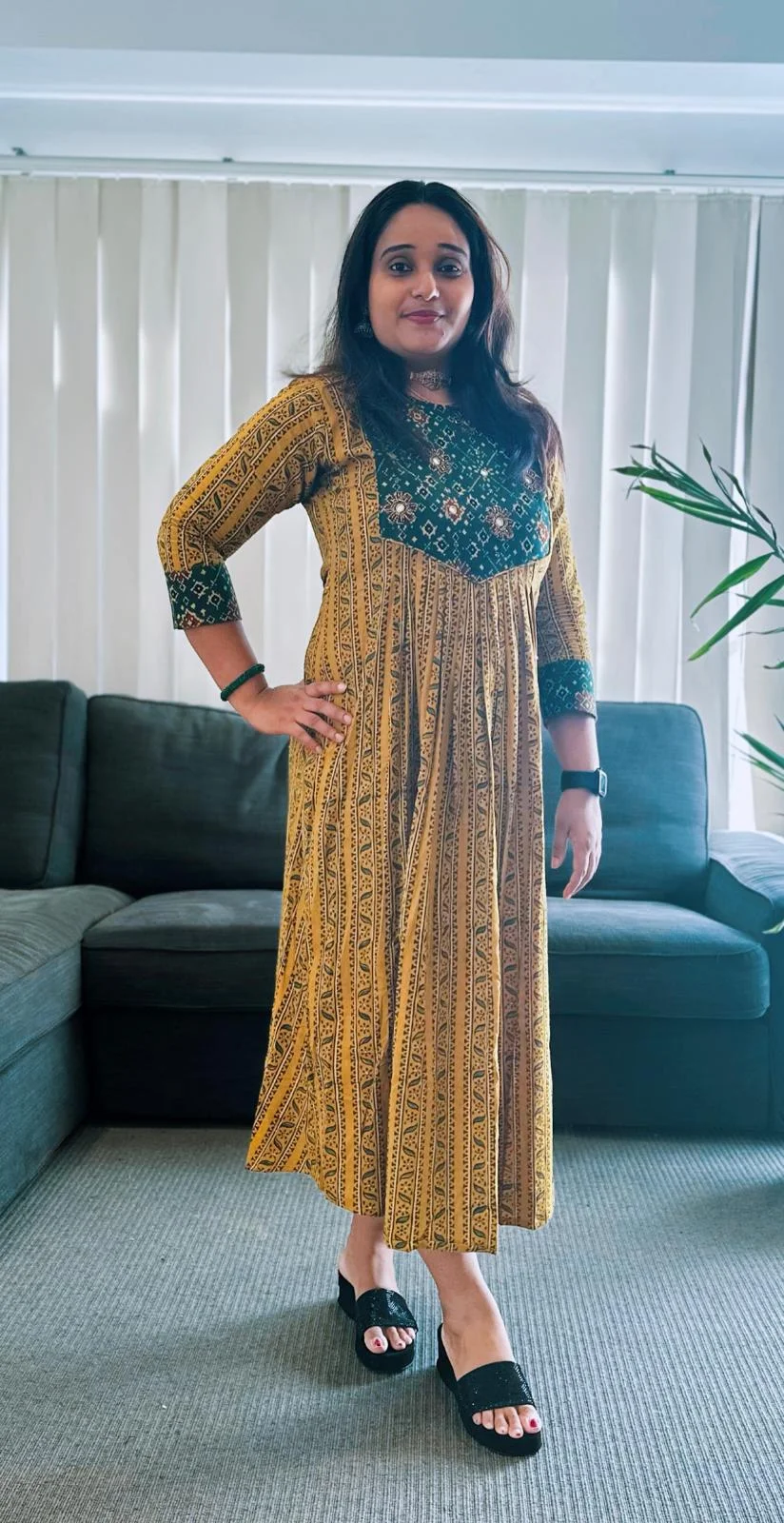 Yellow and Black Printed Maxi Dress with Embroidered Yoke