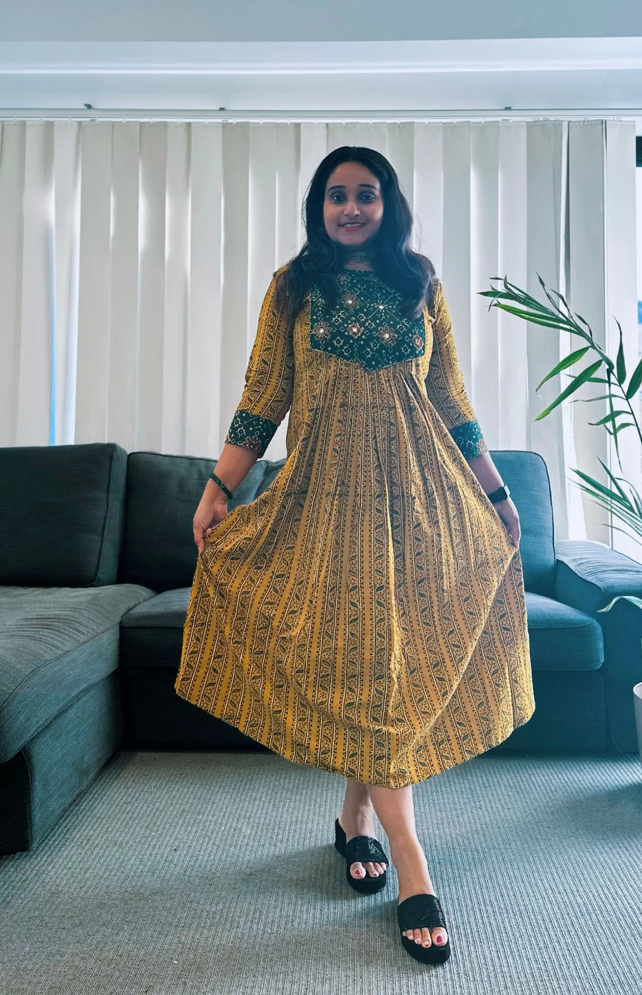 Yellow and Black Printed Maxi Dress with Embroidered Yoke - Image 2