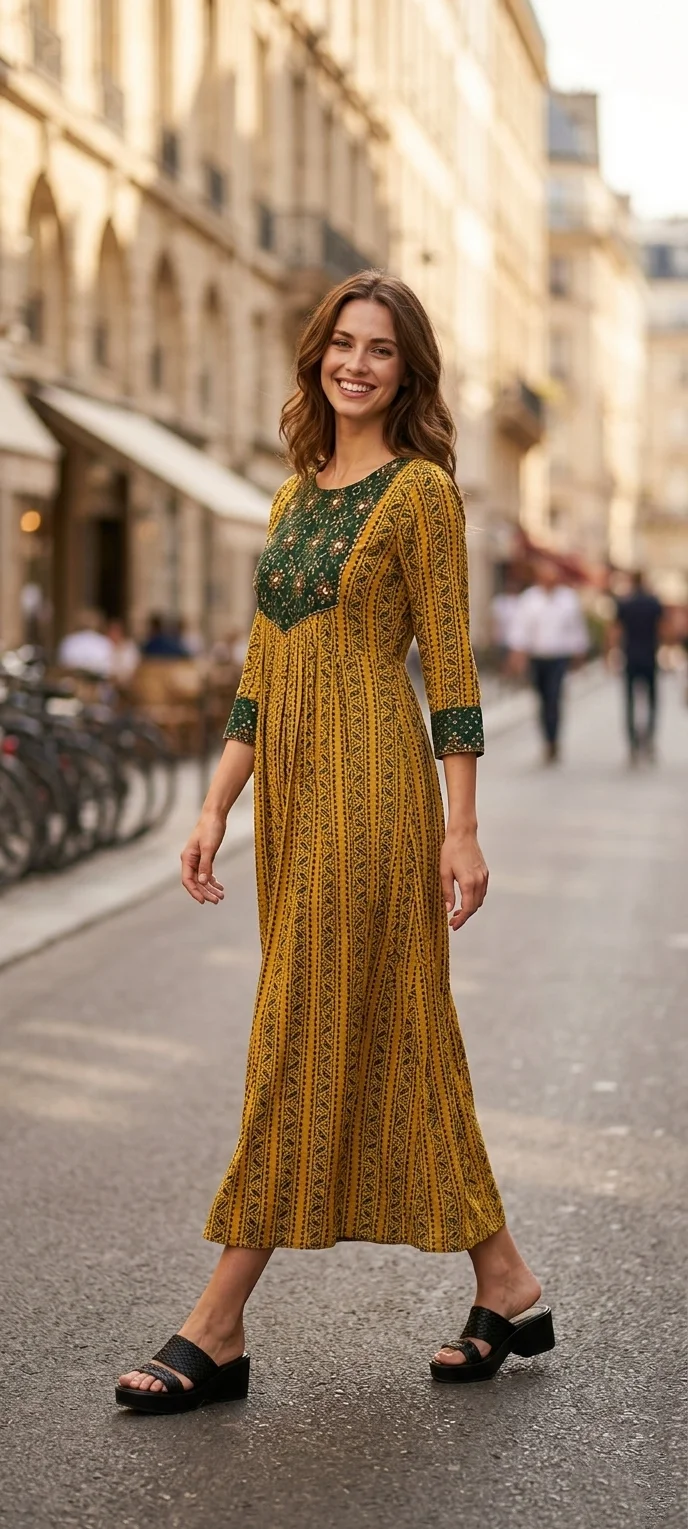 Yellow and Black Printed Maxi Dress with Embroidered Yoke