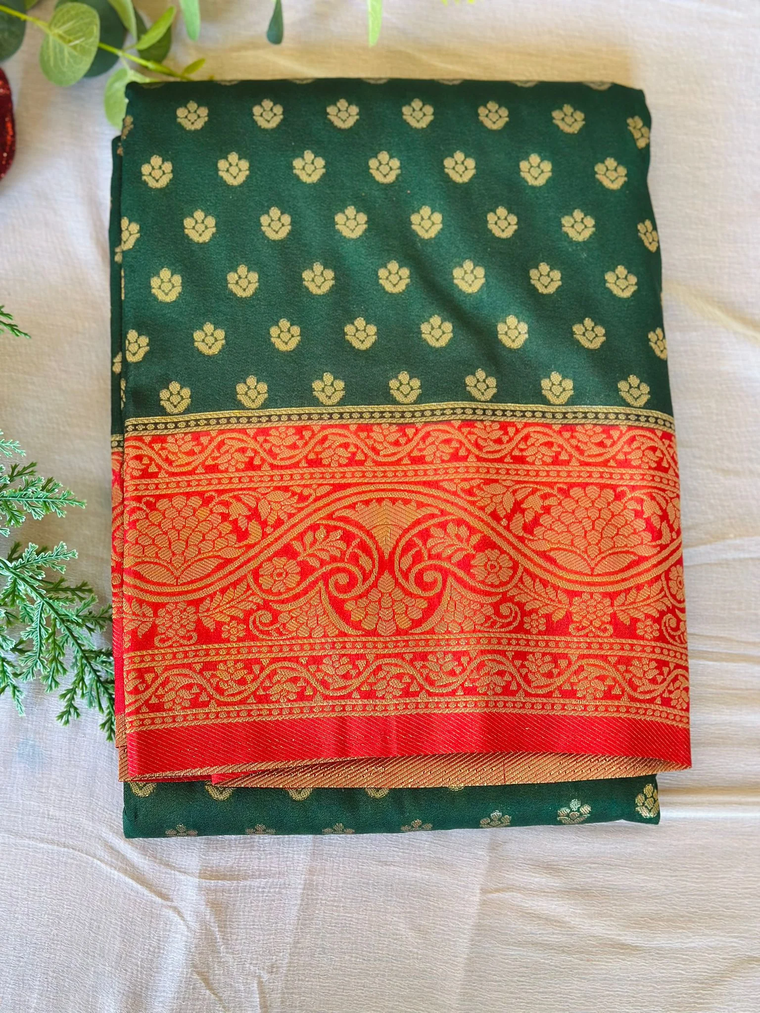  Green and Red Silk Saree with Gold Zari Weaving