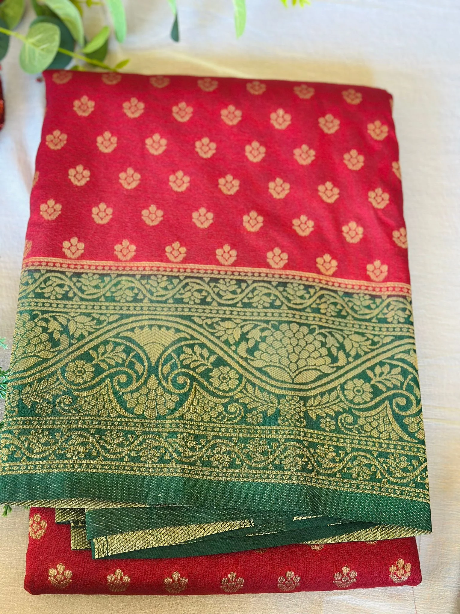  Red and Green Silk Saree with Gold Zari Weaving