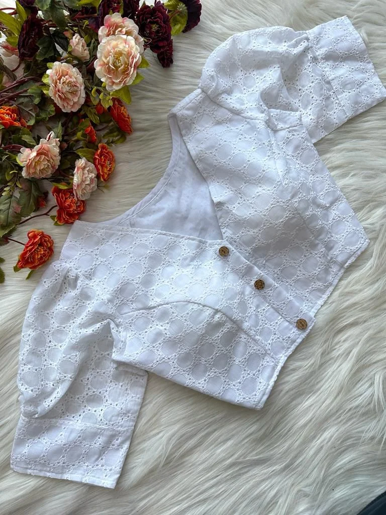 White Eyelet Embroidered Blouse with Puff Sleeves
