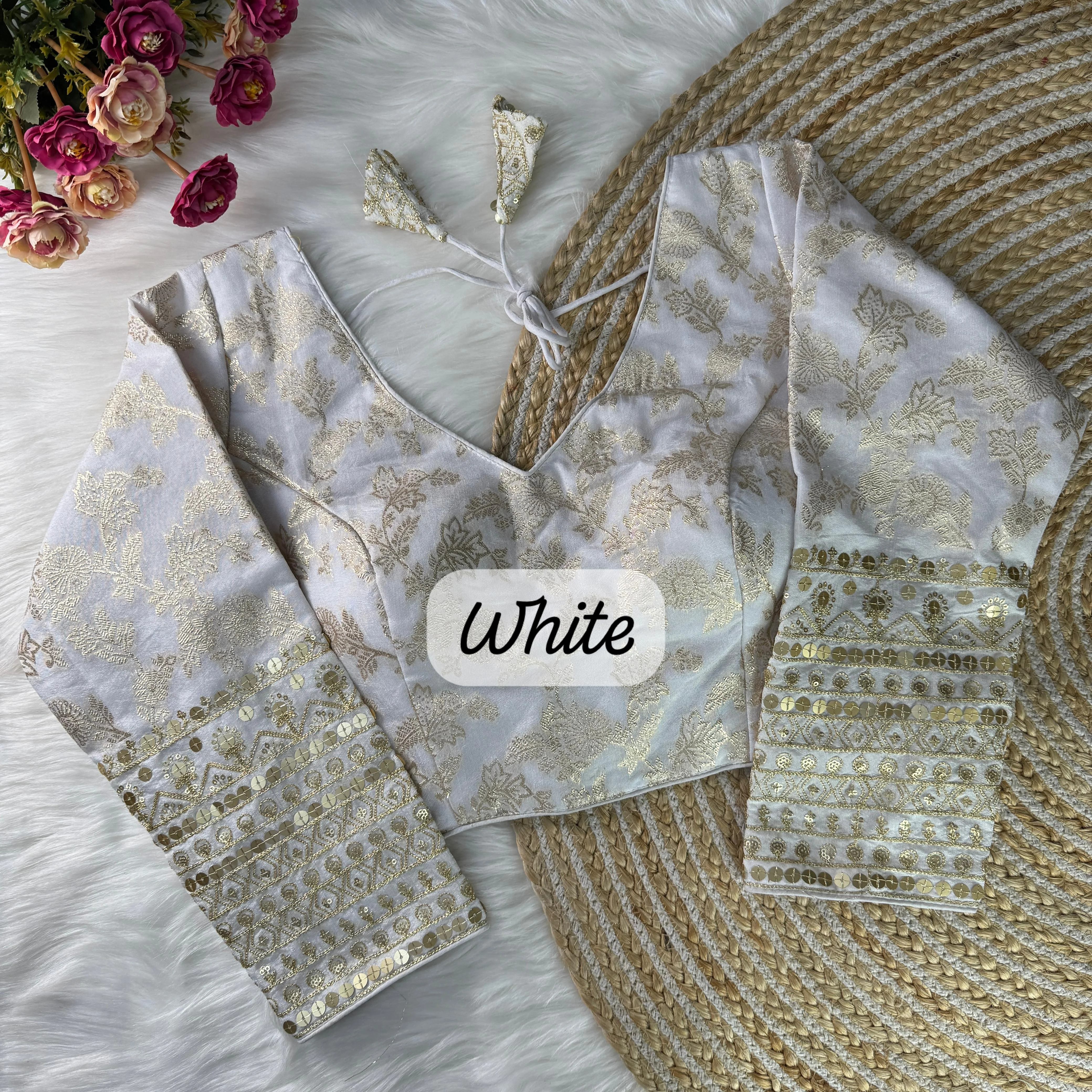 White and Gold Brocade Blouse with Sequin Embellished Sleeves