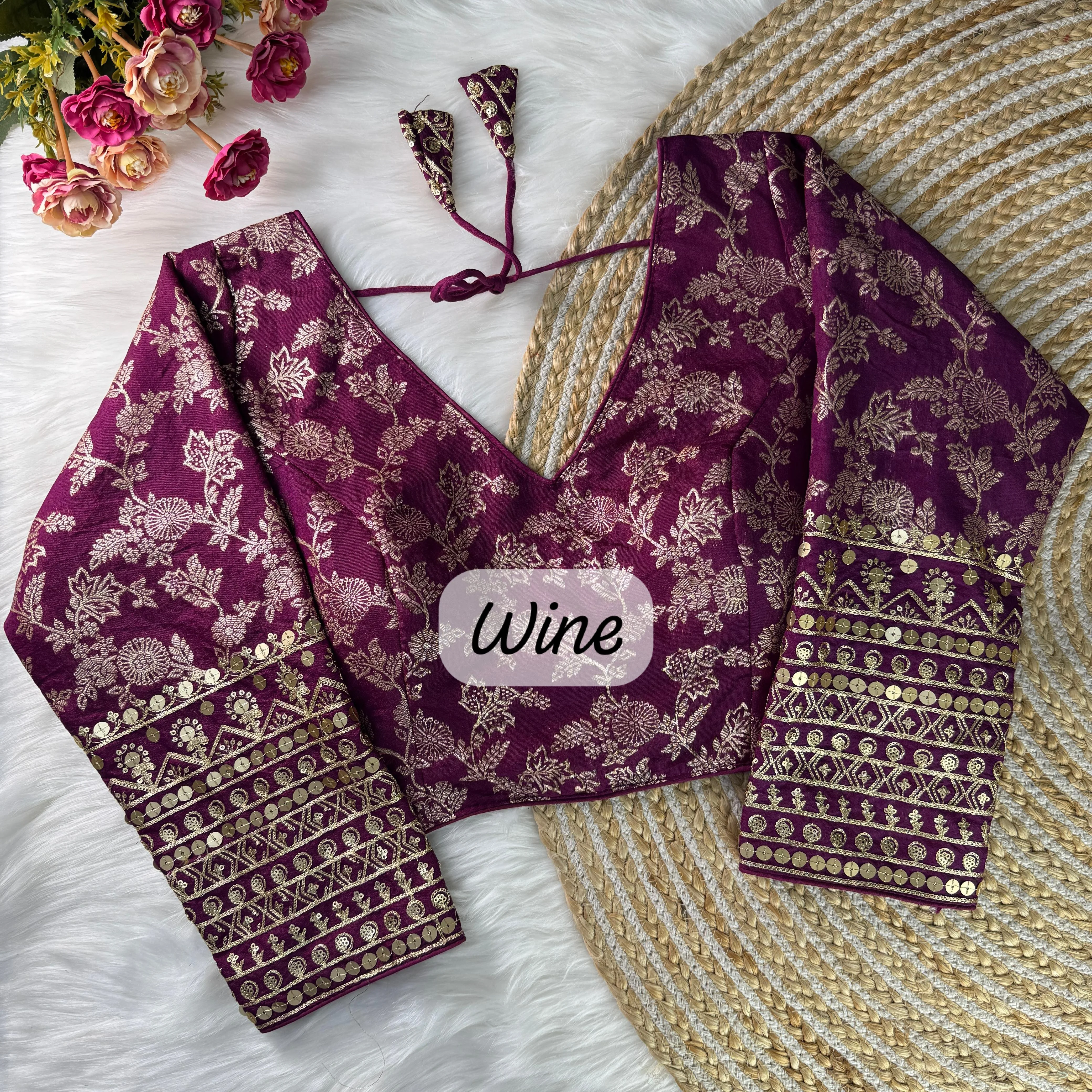 Wine-Colored Brocade Blouse with Gold Zari and Sequin Embellishments