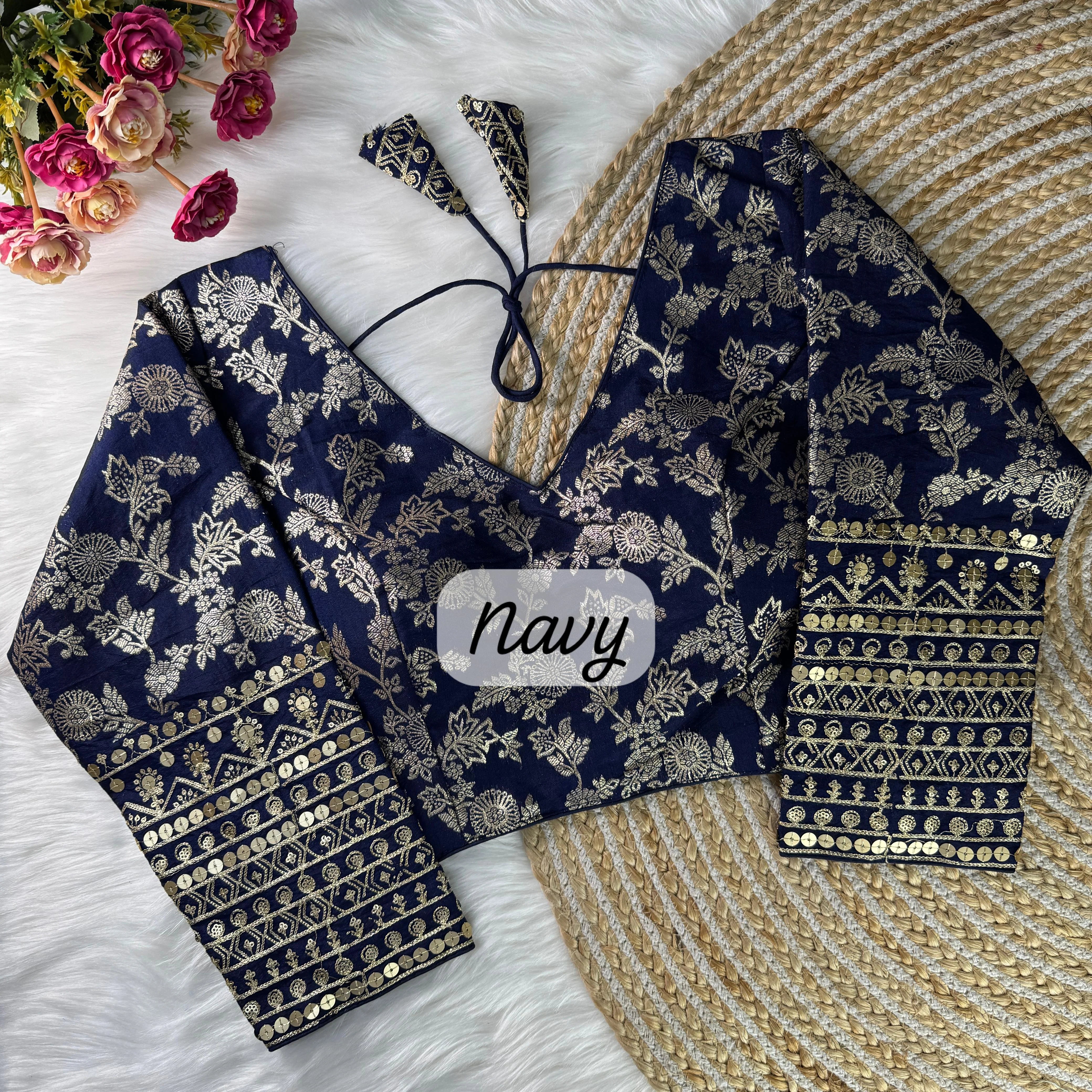 Navy Blue Brocade Blouse with Gold Zari and Sequin Embellishments