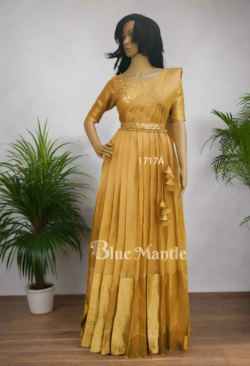 Golden Pleated Anarkali Gown with Embroidered Yoke