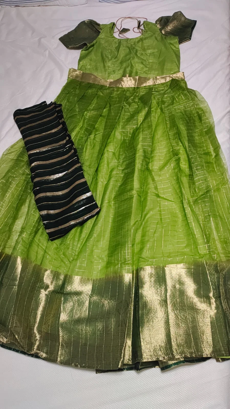 Lime Green Lehenga and Blouse with Gold Border and a Black and Gold Striped Dupatta