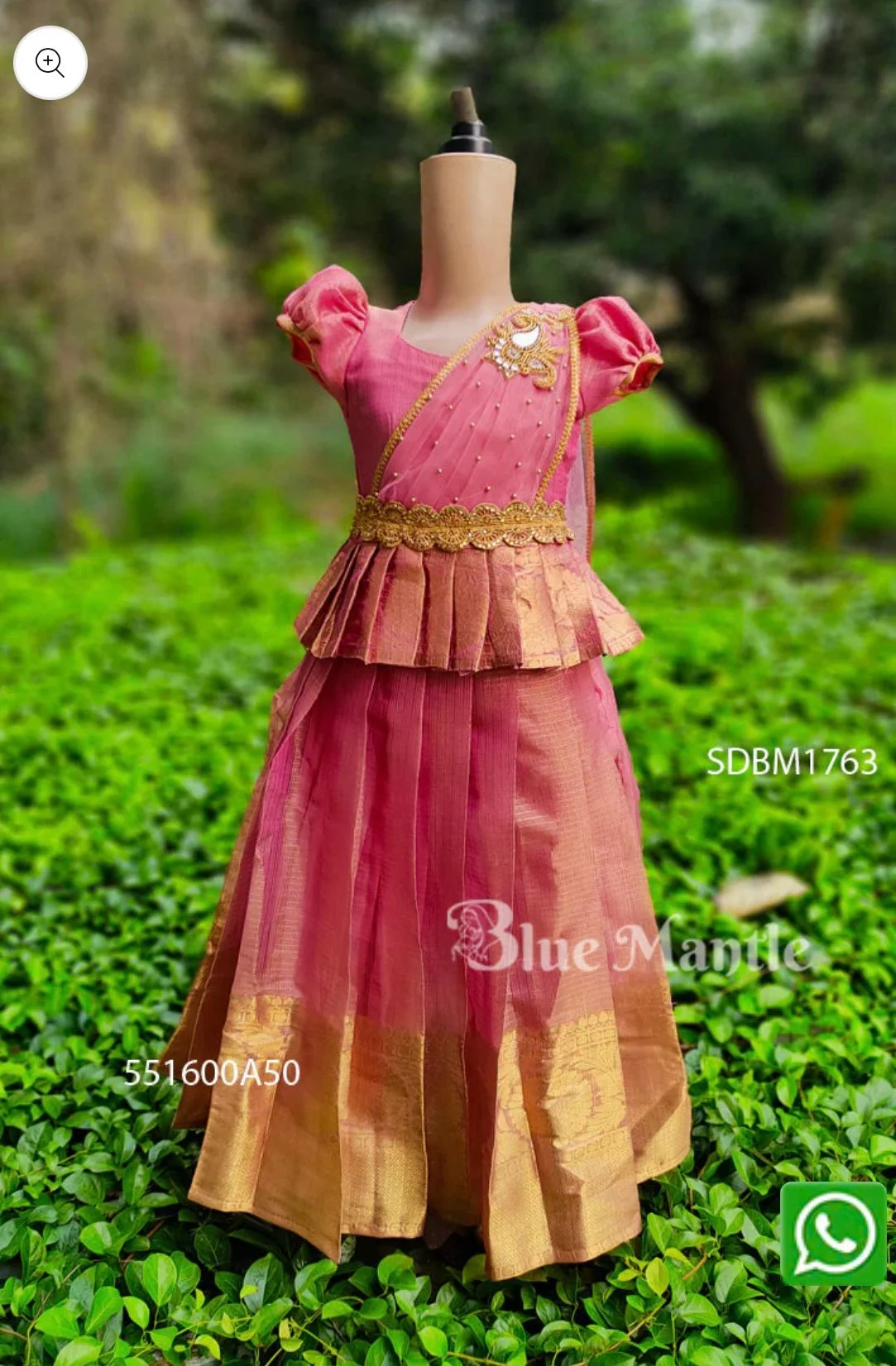 Pink and Gold Half Saree for Girls with Pleated Details 