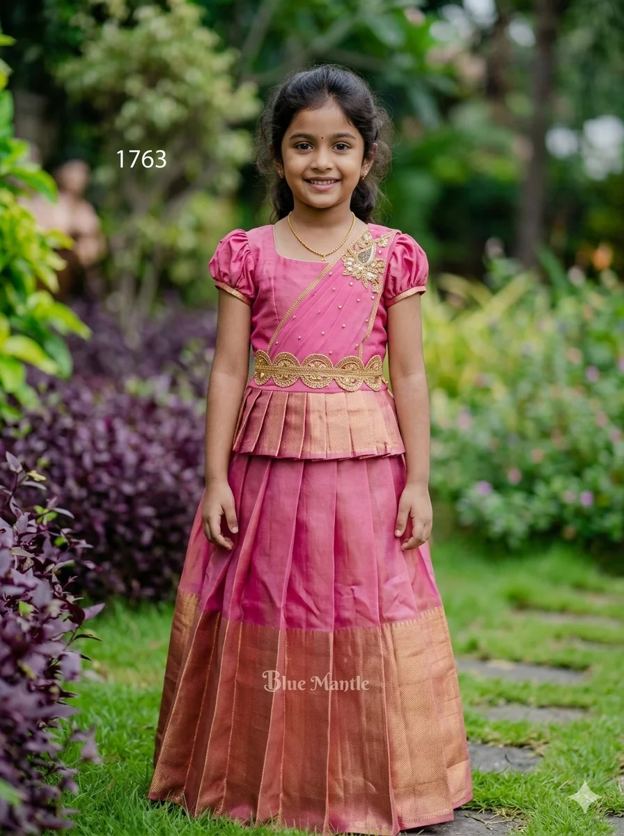 Pink and Gold Half Saree for Girls with Pleated Details 