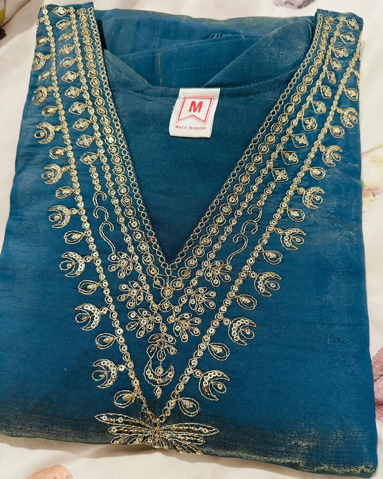  Teal Kurta with Gold Embroidered Yoke - Image 2