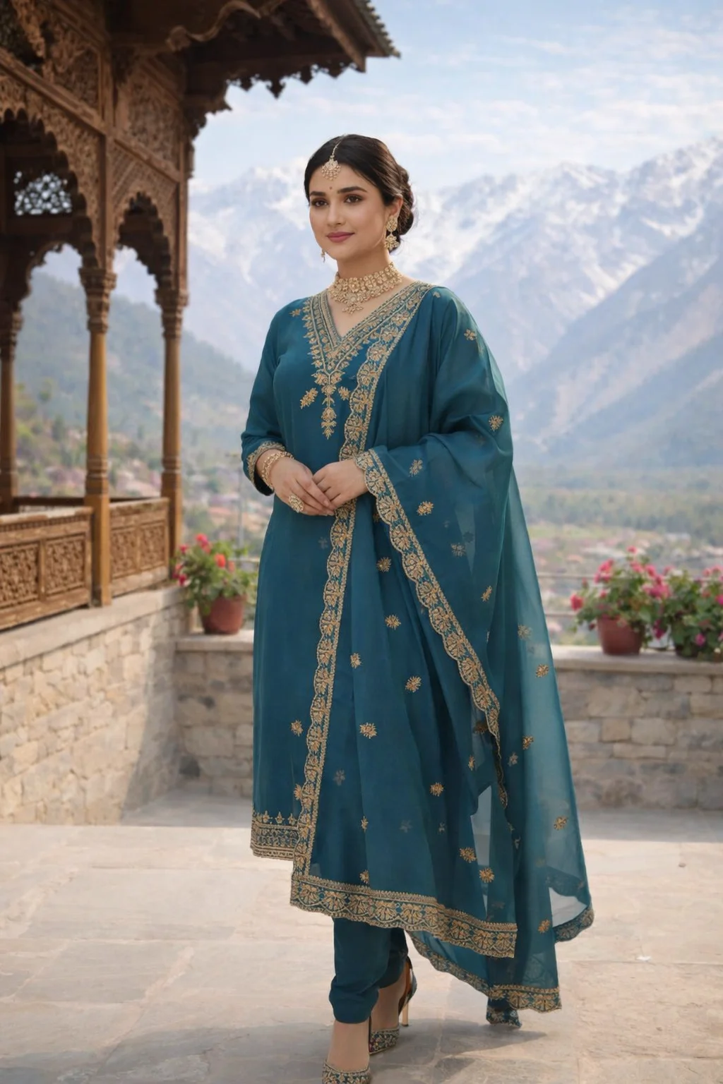  Teal Kurta with Gold Embroidered Yoke - Image 2
