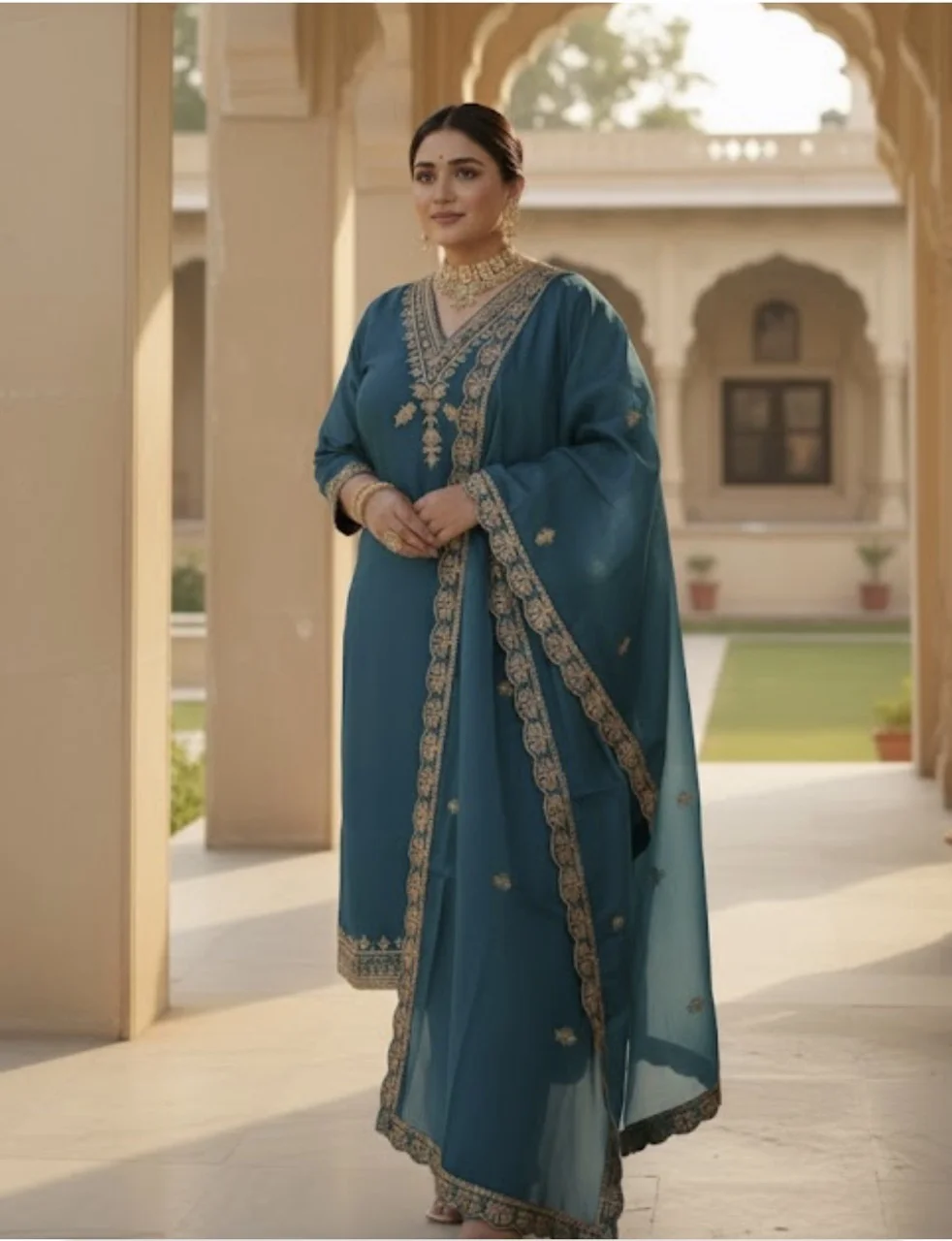  Teal Kurta with Gold Embroidered Yoke