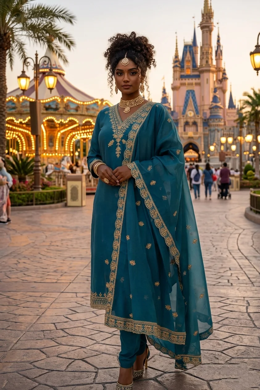  Teal Kurta with Gold Embroidered Yoke