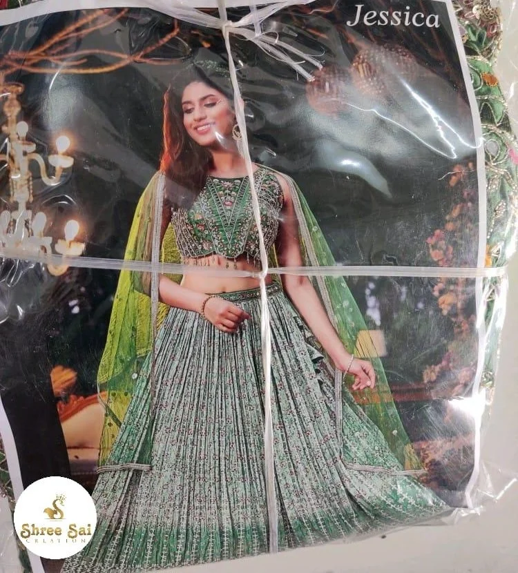  Green Printed Lehenga Choli with Embellished Blouse and Net Dupatta