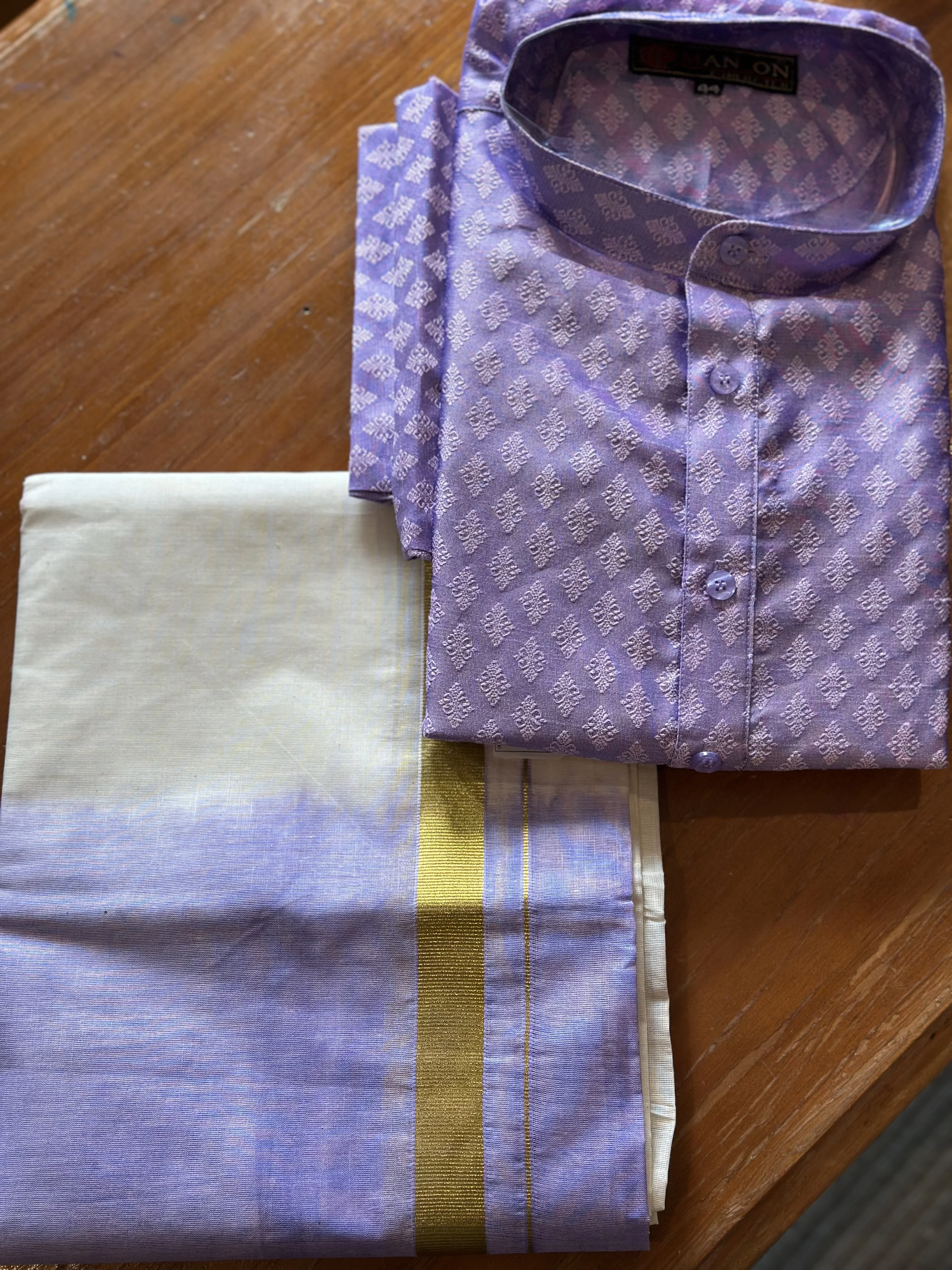  Light Purple Jacquard Kurta with White and Gold Mundu
