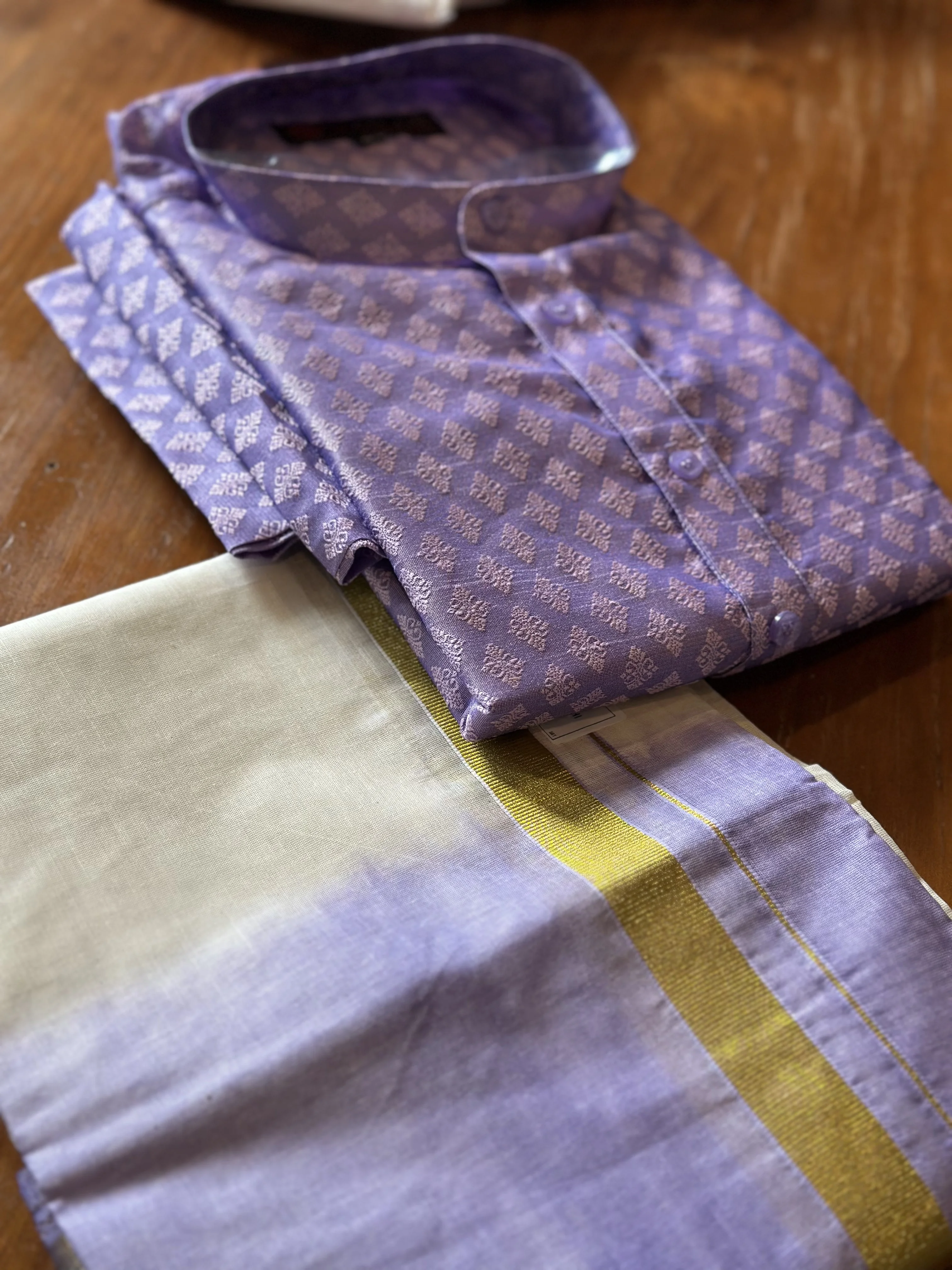  Light Purple Jacquard Kurta with White and Gold Mundu - Image 2