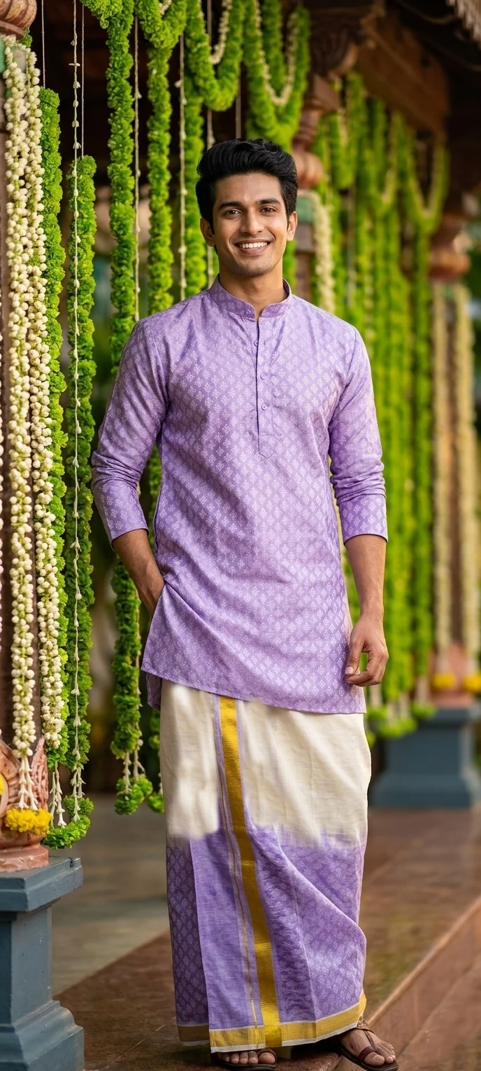  Light Purple Jacquard Kurta with White and Gold Mundu